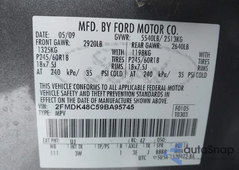 2009 Ford Edge Sel z USA, uszkodzony, nr VIN 2FMDK48C59BA95745